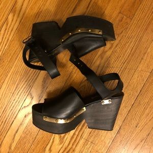 Free People black leather wooden platform wedges